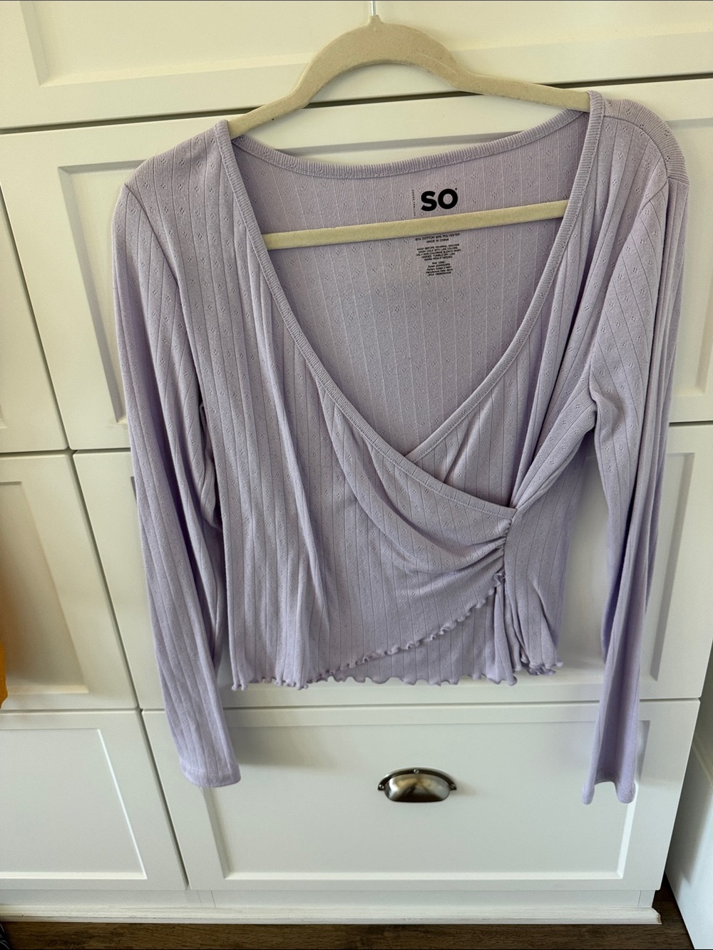 SO Lavender Ribbed Wrap-Front Long Sleeve Top